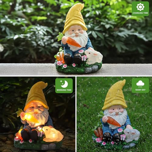 Solar Garden Outdoor Statues Gnome Feeding Rabbit with 6 LED Lawn Decor Outside Decorations for Patio