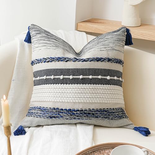 Navy Dark Blue Decorative Throw Pillow Cover 20x20 Square Boho Accent Pillowcase Tassels Farmhouse Cushion for Couch Sofa Bedroom Living Room Home Décor Cover ONLY