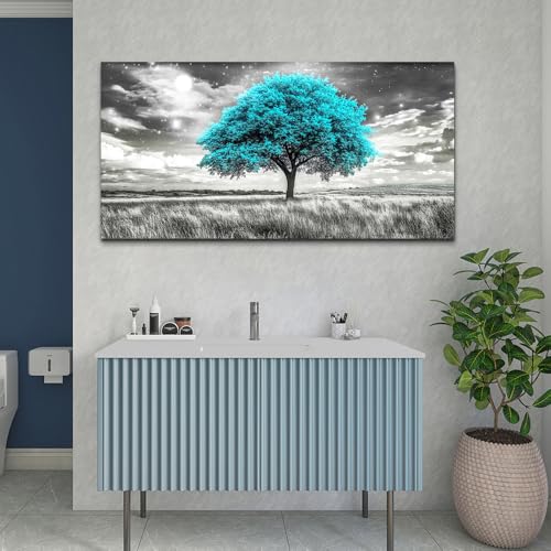 Modern Canvas Print Wall Art Blue Tree Painting Full Of Stars Black And White Art pictures Natural Landscape Wall Decoration Suitable For Living Room Bedroom Office Framed Stretch 20x40 In