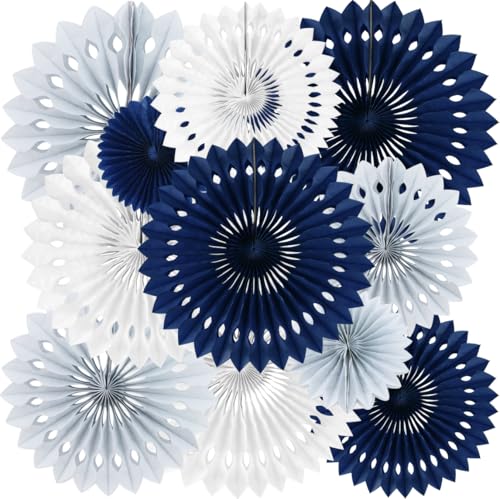 Honeycomb Round Paper Fan Blue Gray White Hanging Party Decoration