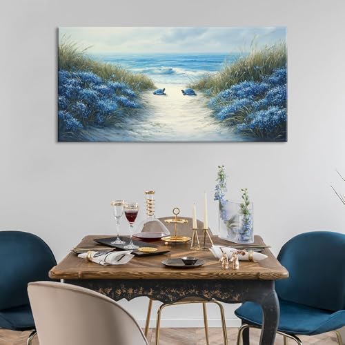 Romantic Beach Wall Art for Living Room Blue Sea Turtle Lovers Canvas Painting Prints Ocean Sandy Romance Flowers Large Bedroom Office Decor Artwork