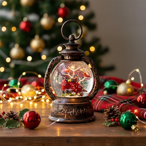 Christmas Snow Globe Lantern Water Glittering Cardinal with Music