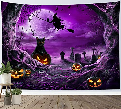 Halloween Wall Tapestry Horror Witch Cat and Dead Tree Pumpkin Lights with Spooky Graveyard Tapestry Purple Full Moon over Misty Forest Wall Art Decor for Bedroom Living Room Dorm 59x51 Inches