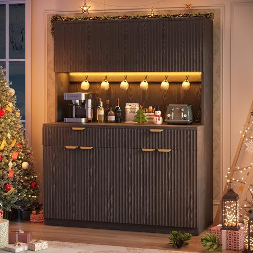 Fluted Kitchen Pantry Storage Cabinet with Charging Station & LED Lights