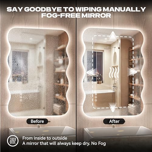 40"x32" Wavy Mirror with Lights Frameless Backlit LED Wall Mirror