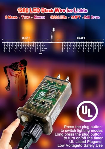 131FT 1280LED Orange Purple Halloween Lights Outdoor 8Modes Plug