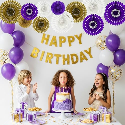 Honeycomb Round Paper Fans Purple Gold Hanging Party Decoration (11 Count)
