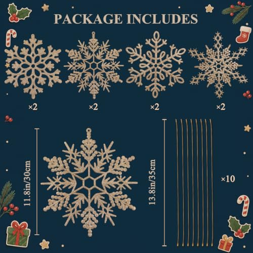 8pcs Large Champagne Gold Snowflakes Ornaments 12” Big Plastic Glitter Snowflake for Winter Indoor Outdoor Christmas Tree Window Room Decorations Giant Craft Snowflakes (6 Count)