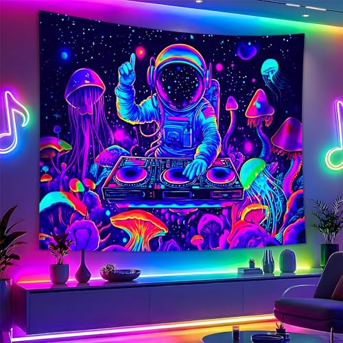 Blacklight Space Astronaut Tapestry UV Reactive Galaxy Planet Glow in Dark Tapestries Black Light Poster Neon Wall Hanging Art for bedroom Living Room