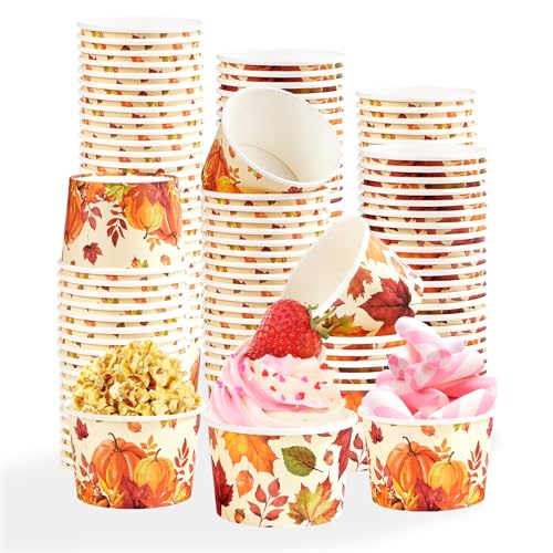 120 PCS Fall Paper Cups 12 oz Maple Leaves Pumpkin Snack Bowls Disposable Autumn Thanksgiving Dessert Cups for Fall Thanksgiving Halloween Harvest Party Snacks Candies Party Supplies (12 Count)