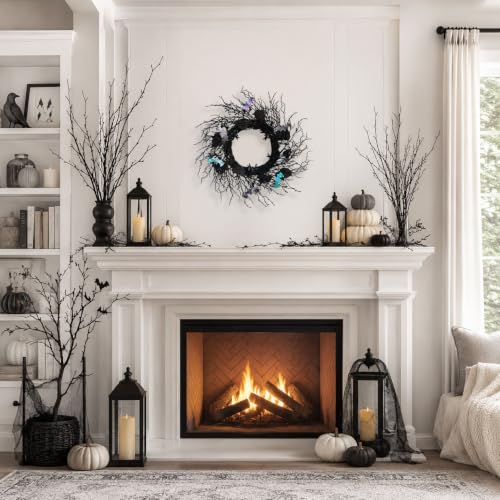 20 Inch Black Twig Halloween Wreath with 30 Orange LEDs and 6 Bats