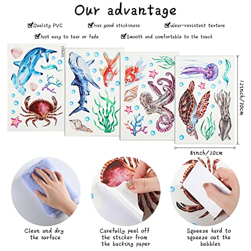 4 Pieces Glow in The Dark Ocean Wall Decals Under The Sea Wall Decals Fish Stickers PVC Sea Animals Stickers for Room Living Room Nursery Bathroom Decoration
