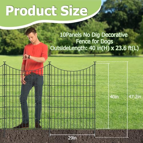 10 Panel No Dig Metal Garden Fence 40"H x 23.6'L Dog Fence Outdoor for Yard