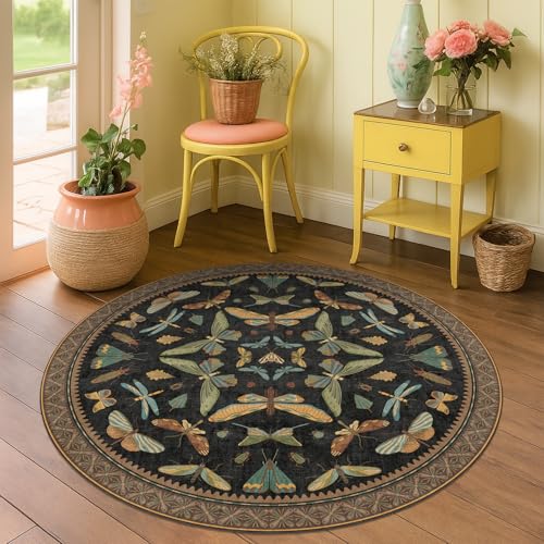 Black Boho 4ft Round Small Rugs for Entryway Non Slip (16 Sq Ft)