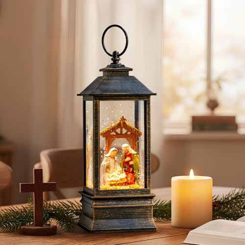 10'' Musical Snow Globe Lantern Lighted Nativity Manger Scene Water Lantern Swirling Glittering Home Decoration and Gift