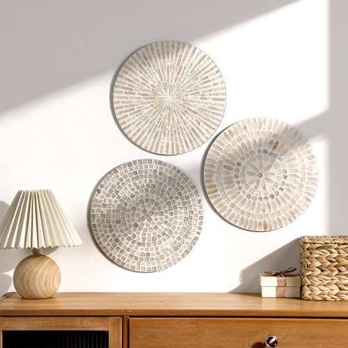 3 Pcs 11.8 Inches Mother of Pearl Shell Plate Coastal Wall Art Mosaic Wall Sculpture Shell Handmade Hanging Plates Arts for Halloween Christmas Bedroom Bathroom Home Office Hotel (3 Count)