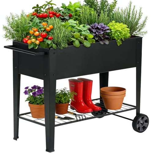 31.5" Tall Elevated Mobile Raised Garden Bed with Wheels and Shelf