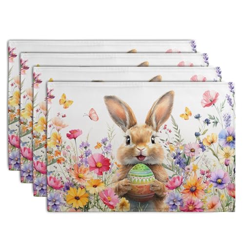 Easter Rabbit Placemats Set of 4 Spring Bunny Colorful Egg Wildflower Place Mat 12x18 Inch Seasonal Farmhouse Linen Fabric Table Mats for Kitchen Dining Outdoor Indoor Easter Party (4 Count)