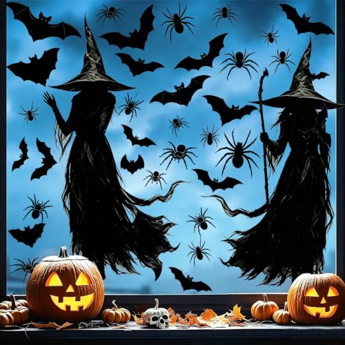 3 Extra Large Halloween Window Clings Black Witch Spider Bat