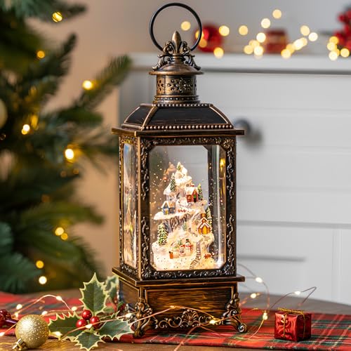 Christmas Village Buildings Snow Globe Lantern Water Glittering Snowman Family with Music & Timer