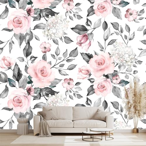 Grey Leaf Pink Flowers Mural Bedroom Floral Wallpaper Room Decor Living Room tv Background Large wall Mural (41.07 Sq Ft)
