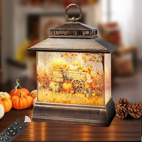 Fall Snow Globe Lantern Thanksgiving Pumpkins Spinning Water Lantern with Swirling Glitter 6H Timer Remote Control Fall Decorations for Home Thanksgiving Autumn Harvest