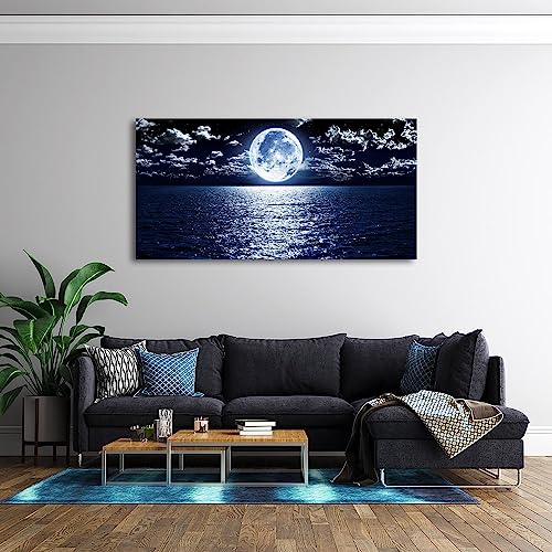 S06975 Wall Art Canvas Prints Moon Sea Ocean Landscape 1 Panels Full Moon in Cloud Pictures Paintings Stretched and Framed for Living Room Bedroom Kicthen Office Artwork 30x60inch