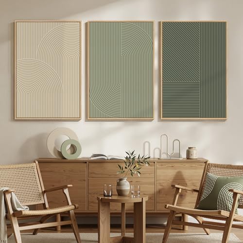 Large Framed Green Neutral Beige Abstract Wall Art for Living Room (3 Count)