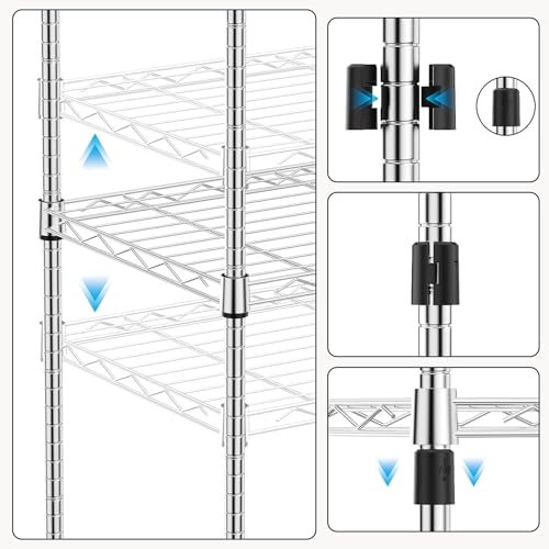 1250 lbs 5 Tier Shelf Metal Storage Shelves Wire Rack Closet Organizers with Wheel for Garage Kitchen Bathroom Laundry Chrome 13.7" D x 23.6" W x 62.4" H (5 Count)