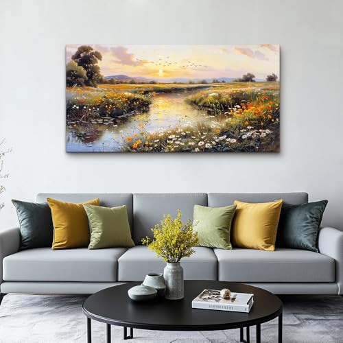Large Canvas Wall Art For Bedroom Wall Decorations For Living Room Office Decor Rivulet View Painting Farmhouse Field Scenery Watercolour Pictures Home Decoration Ready To Hang 24x48 In
