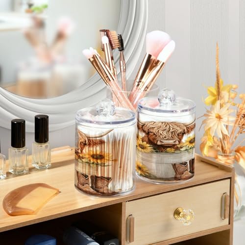 2 Pack Qtip Holder Organizer Dispenser Watercolor Sunflower Highland Cow Bathroom Storage Canister Cotton Ball Holder Container for Cotton Pads (2 Count)