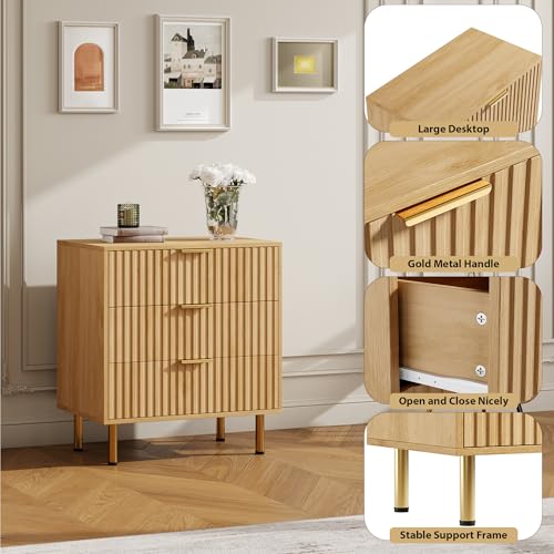Fluted Natural 3 Drawer Dresser for Bedroom with Deep Drawers