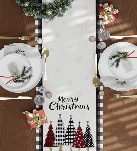 Christmas Table Runner Snowflakes Xmas Tree Decorations with Black Buffalo