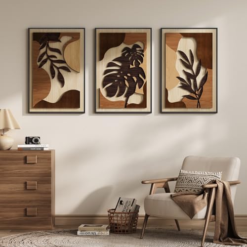 Large Framed Wood 3D Boho Tropical Wall Decor for Living Room (3 Count)