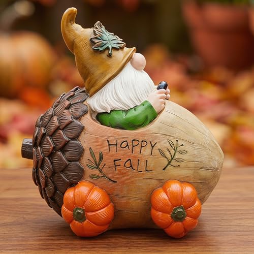 Fall Gnome Figurine with Acorn Car & Pumpkin Wheels