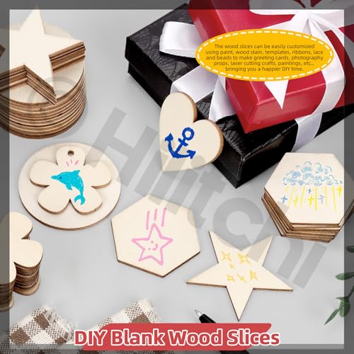 200Pcs Multi Shape Unfinished Wooden Crafts DIY Wooden Cutouts Star Flower Circle Hexagon Heart Shapes Unfinished Wood Slices Ornament for DIY Crafts Home Decorations (200 Count)
