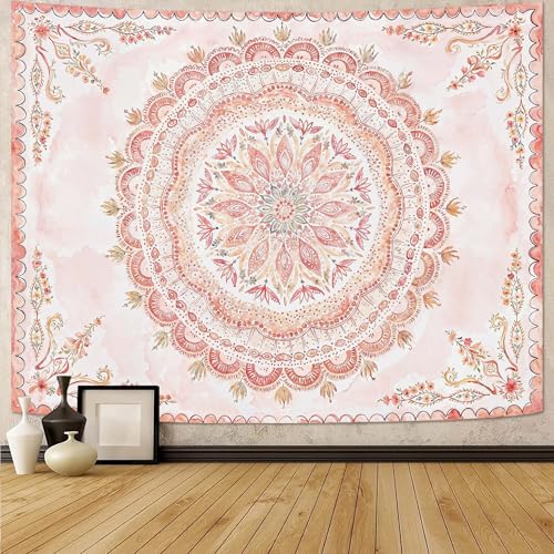 Boho Floral Mandala Tapestry Wall Hanging Pink Bohemian Flower Medallion Tapestry Aesthetic Watercolor Hippie Indian Small Tapestries for Bedroom Living Room Dorm Decor 40 x 30 Inch