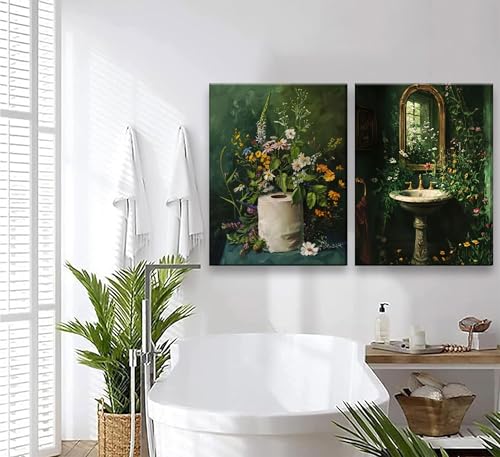 3Pcs Framed Vintage Dark Green Bathroom Wall Art Shower Toilet Paper Roll Floral Poster Print Modern Farmhouse plants Painting Picture Wall Decor For Bathroom Living Room Decoration (3 Count)