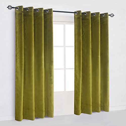 Super Soft Luxury Room Darkening Velvet Moss Green Thermal Blackout Curtain Panel Drapes Grommet Draperies Eyelet 52Wx84L inch Green Yellow