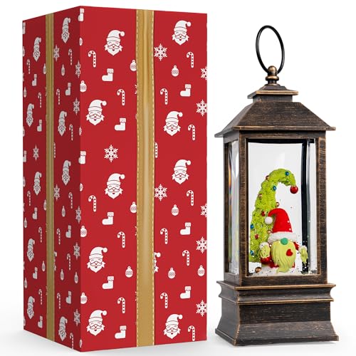 10'' Christmas Gnomes Snow Globe Lantern Lighted Whimsical Christmas Tree & Scandinavian Santa Elf Musical Water Lantern Swirling Glittering Home Decoration and Gift