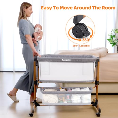 3-in-1 Baby Bassinet, Rocking Baby Bassinets Bedside Sleeper, Adjustable Portable Crib for Newborn Infant with Wheels Storage Basket and Mesh Sides
