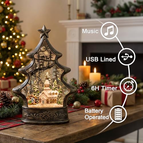 Musical Snow Globe Christmas Tree Lantern Lighted Church with Nativity Manger Scene Water Lantern in Swirling Glitter