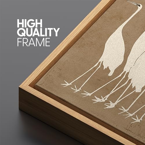 Extra Large Framed Canvas Print Wall Art Minimalist White Cranes on Beige Background Antique Retro Fine Art Illustrations Decorative Colorful for Bedroom