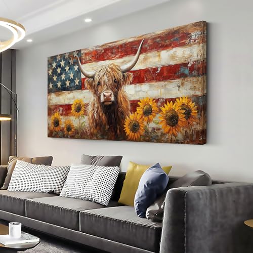 Country Highland Cow Wall Art for Living Room Rustic Retro Vintage American Flag Sunflower Canvas Painting Prints Highland Cattle Artwork Farmhouse Bedroom Office Decor
