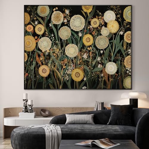 46"x60" Extra Large Framed Wall Art Whimsical Dandelion Field in Yellow and Green