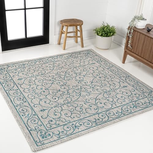 Vintage Filigree Indoor Outdoor Square Area Rug 5X5 Gray