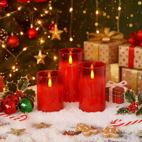 Red Glass Flameless LED Candles Battery Operated with Remote Timer (3 Count)