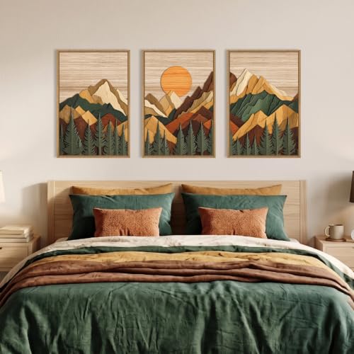 Boho Woodcut Style Mountain Framed Canvas Wall Art Set