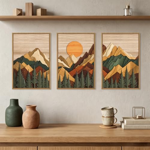 Boho Woodcut Style Mountain Framed Canvas Wall Art Set