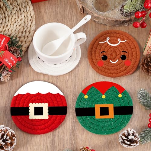 Christmas Cartoon Cotton Coasters Funny Santa Gingerbread Snowman Handmade Braided Drink Coasters Absorbent Cup Mats for Xmas Holiday Party Home Table Decor (4 Count)